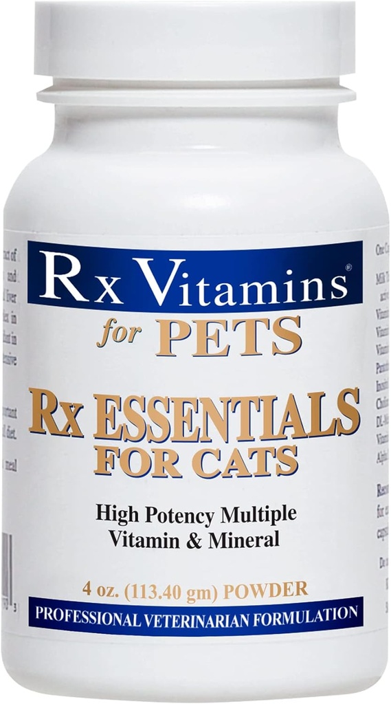 Vitaminas Rx Essentials para gatos - Suplemento de vitaminas e minerais multivitamínicos - Adicionar ao alimento de gato molhado ou seco - Pó 4 onças