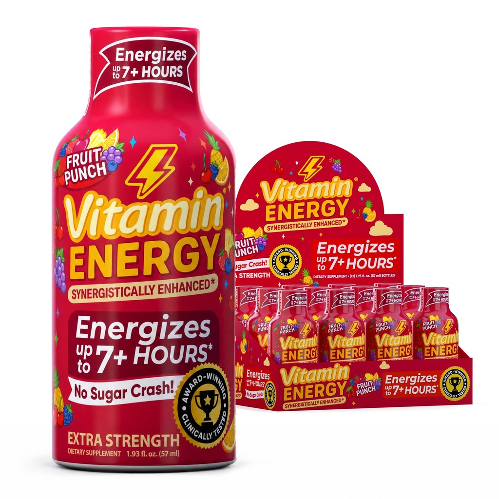Vitamina Energia Imune+ Força extra Energia Shot Fruit Punch 12 Pack, 260mg Cafeína Natural, B-Vitaminas, Citicolina, Chá Verde, Imunidade e Foco Suporte, Açúcar Zero, Sem glúten 1,93 fl oz