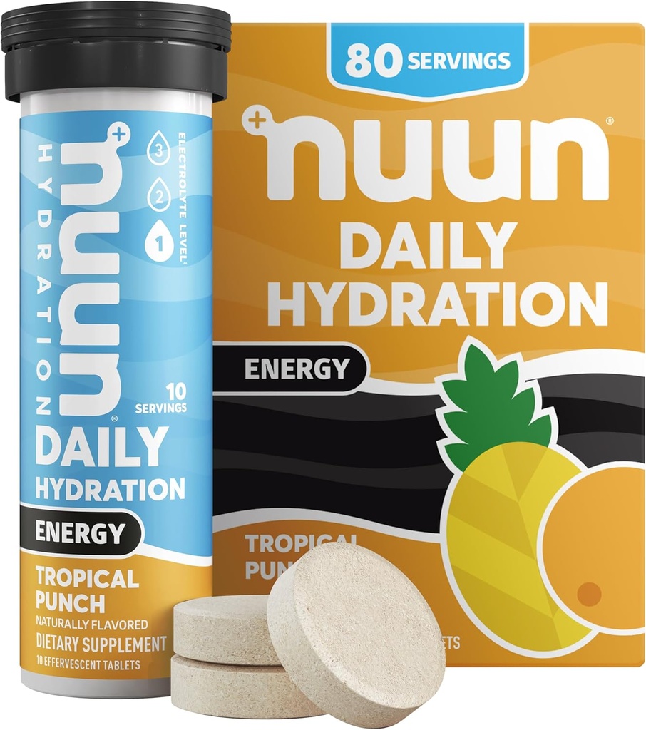 Nuun Energy Electrolyte Tablets com Ginseng, Cafeína de Extrato de Chá Verde, Vitamina B12, B6, B5, Magnésio e 4 Outros Eletrolitos, Glúten Livre & Vegan, Soco Tropical, 8 Pack (80 Servings Total)