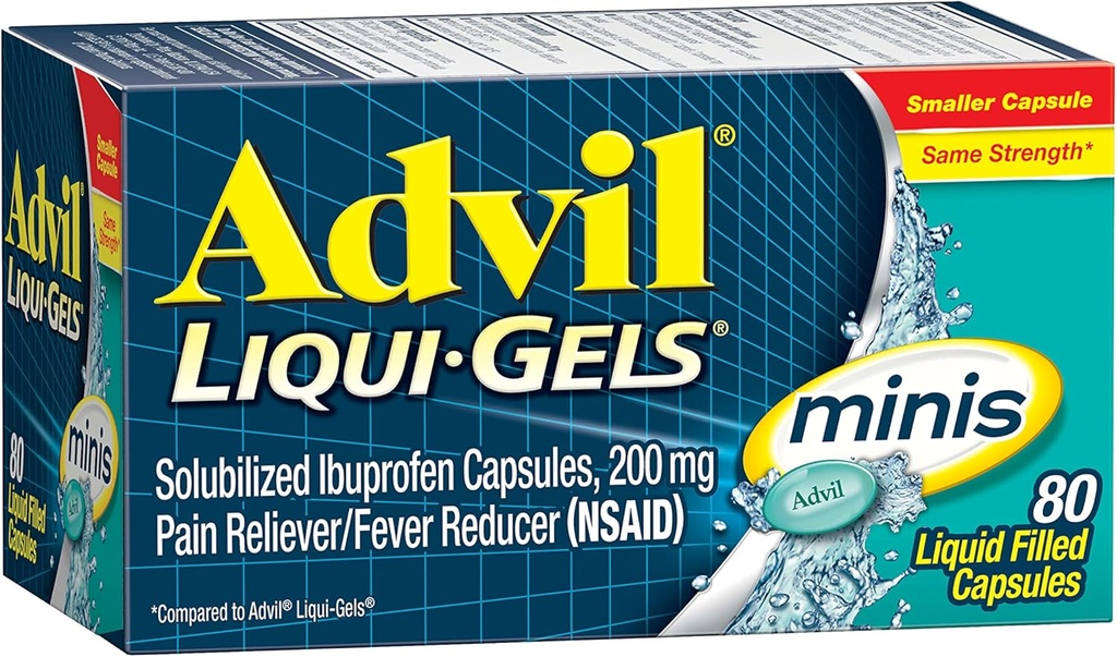 Advil Liqui-Gels Minis Reliever Dor e Redutor de Febre, Medicina da Dor para Adultos com Ibuprofeno 200mg para alívio da dor - 80 Cápsulas Recheadas Líquidas
