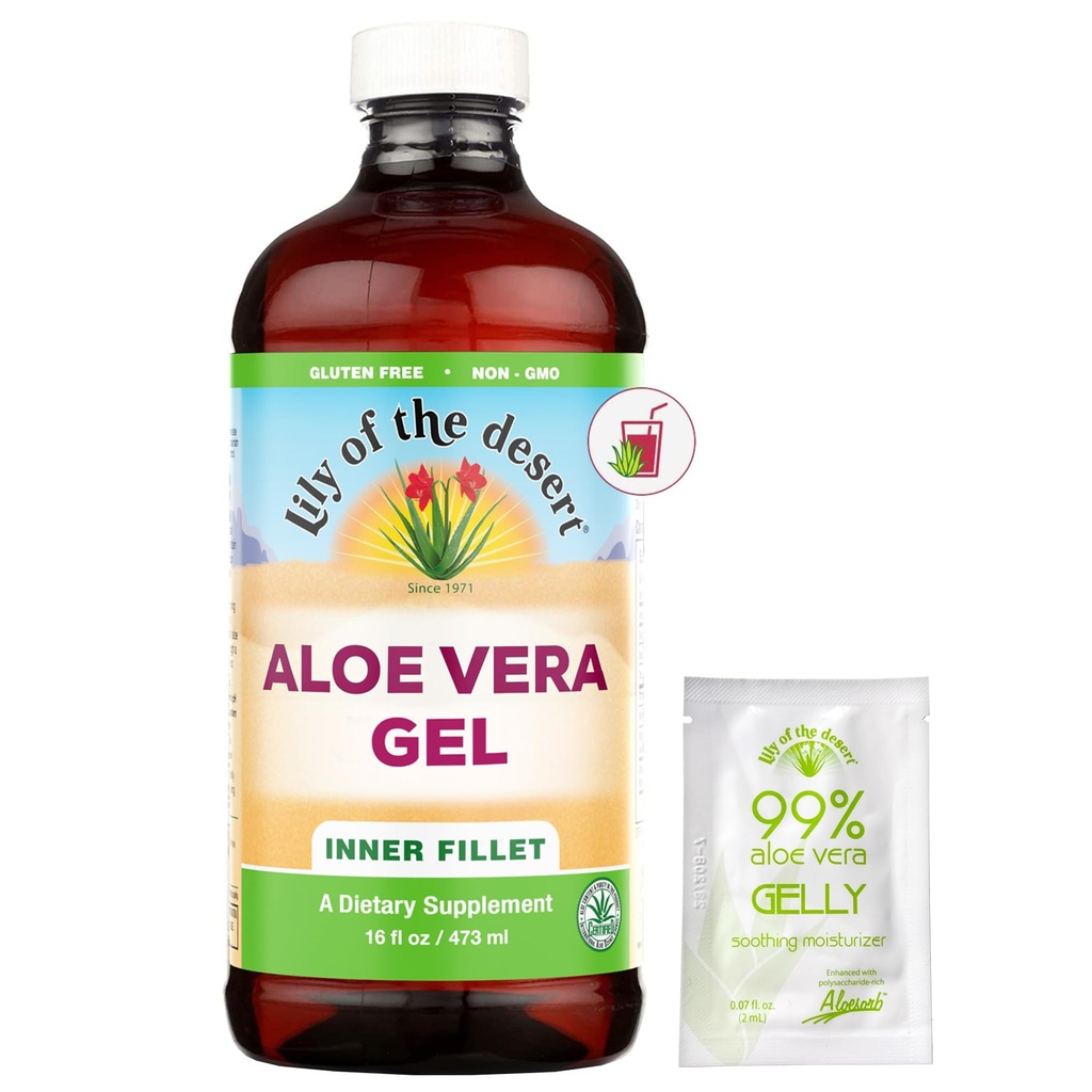 Lily of The Desert Aloe Vera Gel - filé interno filé filtrado Aloe Vera bebida, consistência espessa, enzimas digestivas para Gut Saúde, alívio estomacal, bem-estar Gloswing Pele 16 Fl Oz Gelly Sachet Incluído.