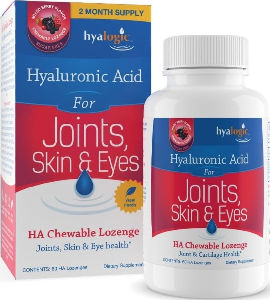 Hyalogic Hyaluronic Acid Chewable Lozenge - Comprimidos mastigáveis para cuidados com a pele e olhos – Vegan, Açúcar livre e Berry favoritos suplementos de ácido hialurônico (60 contagem)
