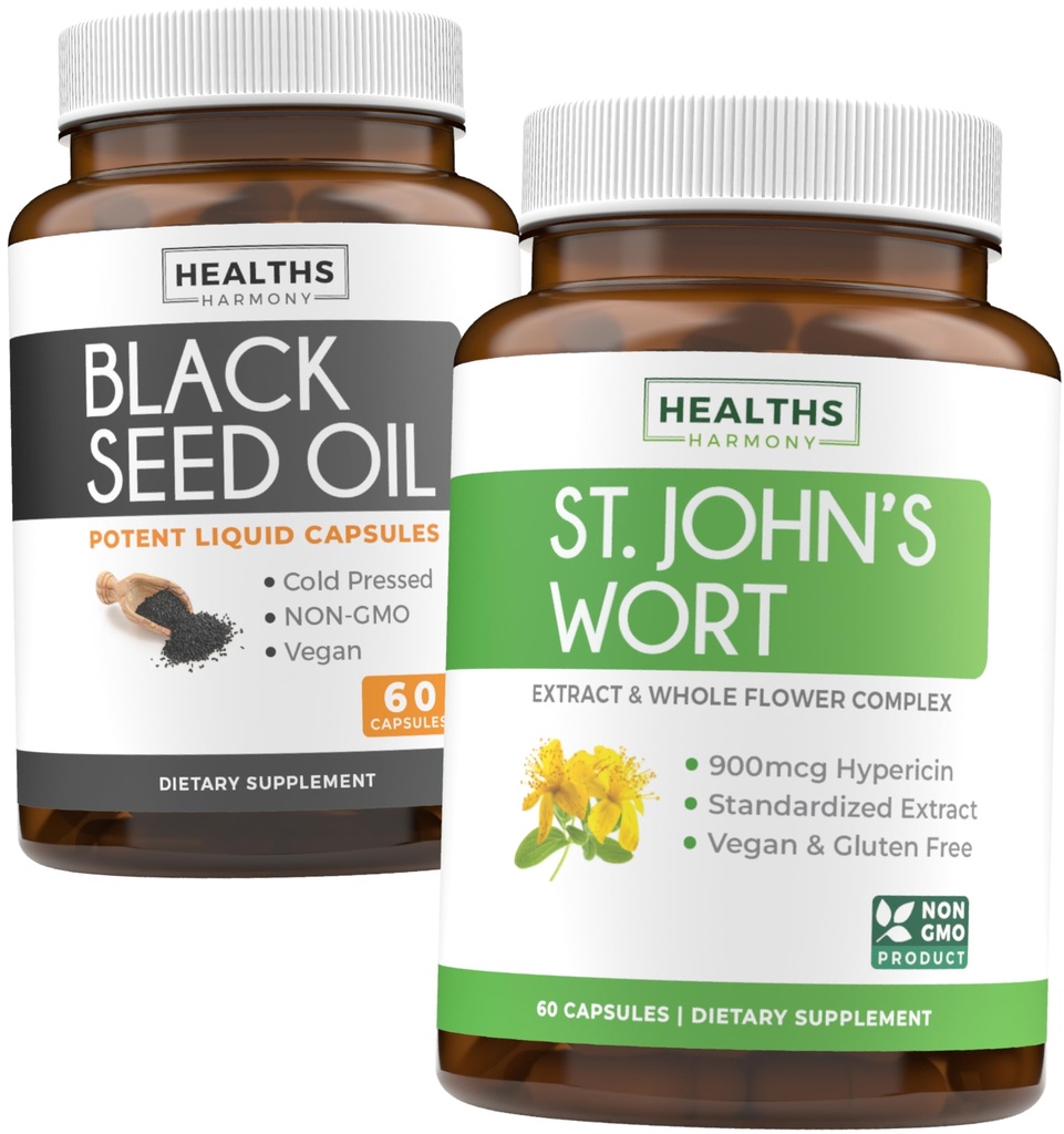 Óleo de semente preta & Erva de São João (1-fornecimento de mês) Sereno Mistura de óleo de semente preta (60 Cápsulas) Gelada Nigella Sativa & St. John's Wort (60 Cápsulas) com poderoso 900mcg Hipericina