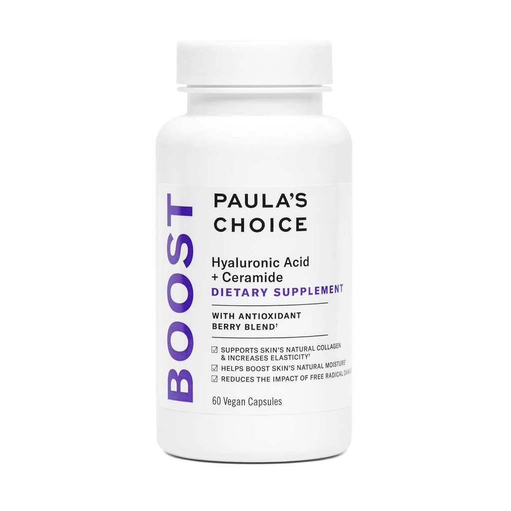 Paula Escolha Ácido Hialurônico + Ceramida Suplemento dietético, Suporte de colágeno para suave, saudável + pele radiante, Sem glúten + Soy-Free, 60 Cápsulas Vegan