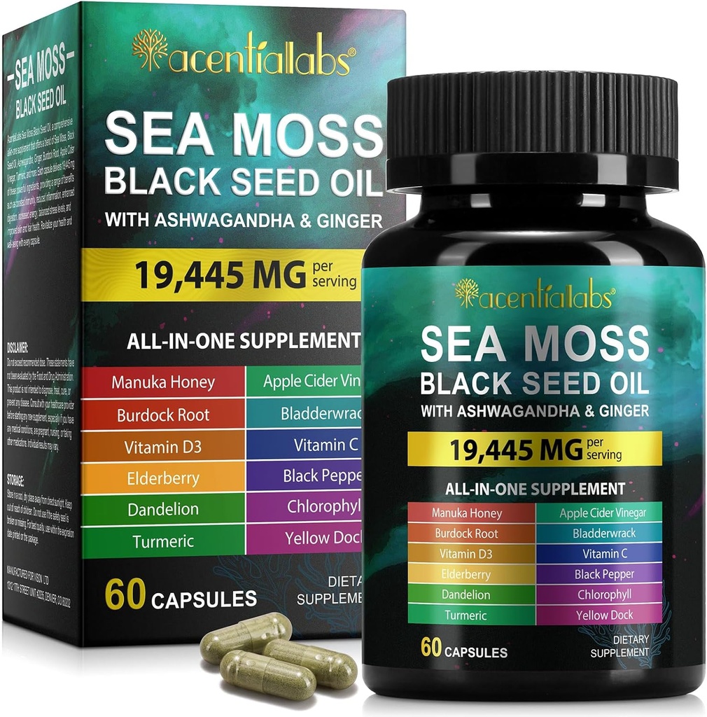 Sea Moss Black Seed Oil, Sea Moss Black Seed Oil Ashwagandha Ginger Cápsulas com Vitaminas Bladderwrack, Burdock Root e Mais, 60 Cápsulas