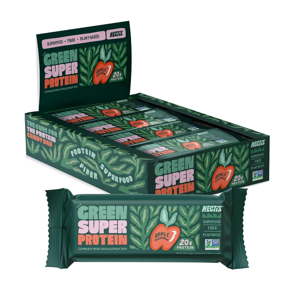 Nectis Verde Super Protein Meal Bares, Apple Canela, 20g proteína vegetal, Verdes orgânicos, alta fibra, vegan, sem soja, não gmo, 82g Bar, 8 pacote