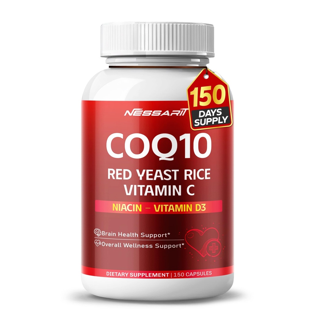 COQ10 + Red Yeast Rice Supplement - 10-em-1 Mistura Natural com Ômega 3 Vitamina B3, K2, D3, Zinc Milk Thistle Black Pepper - 150 Conde - Feito e testado nos EUA