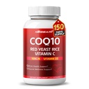 COQ10 + Red Yeast Rice Supplement - 10-em-1 Mistura Natural com Ômega 3 Vitamina B3, K2, D3, Zinc Milk Thistle Black Pepper - 150 Conde - Feito e testado nos EUA