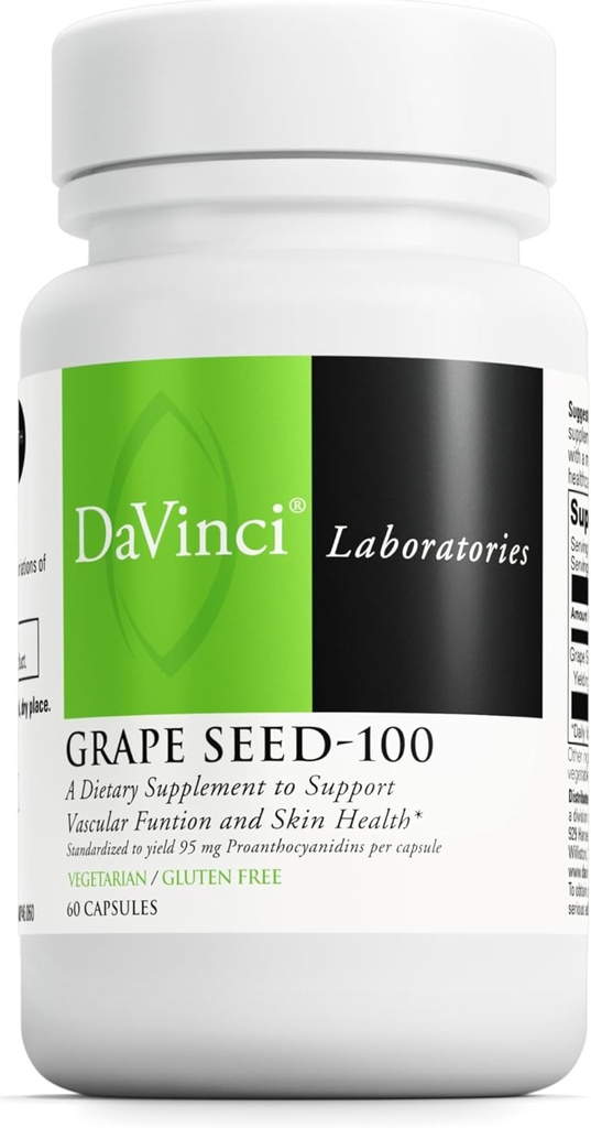 DAVINCI Labs Grape Seed-100 - Suplemento dietético de suporte Sistema imunológico, função vascular e pele saudável* - com 100 mg Extrato de semente de uva por serviço - sem glúten - 60 Cápsulas vegetarianas