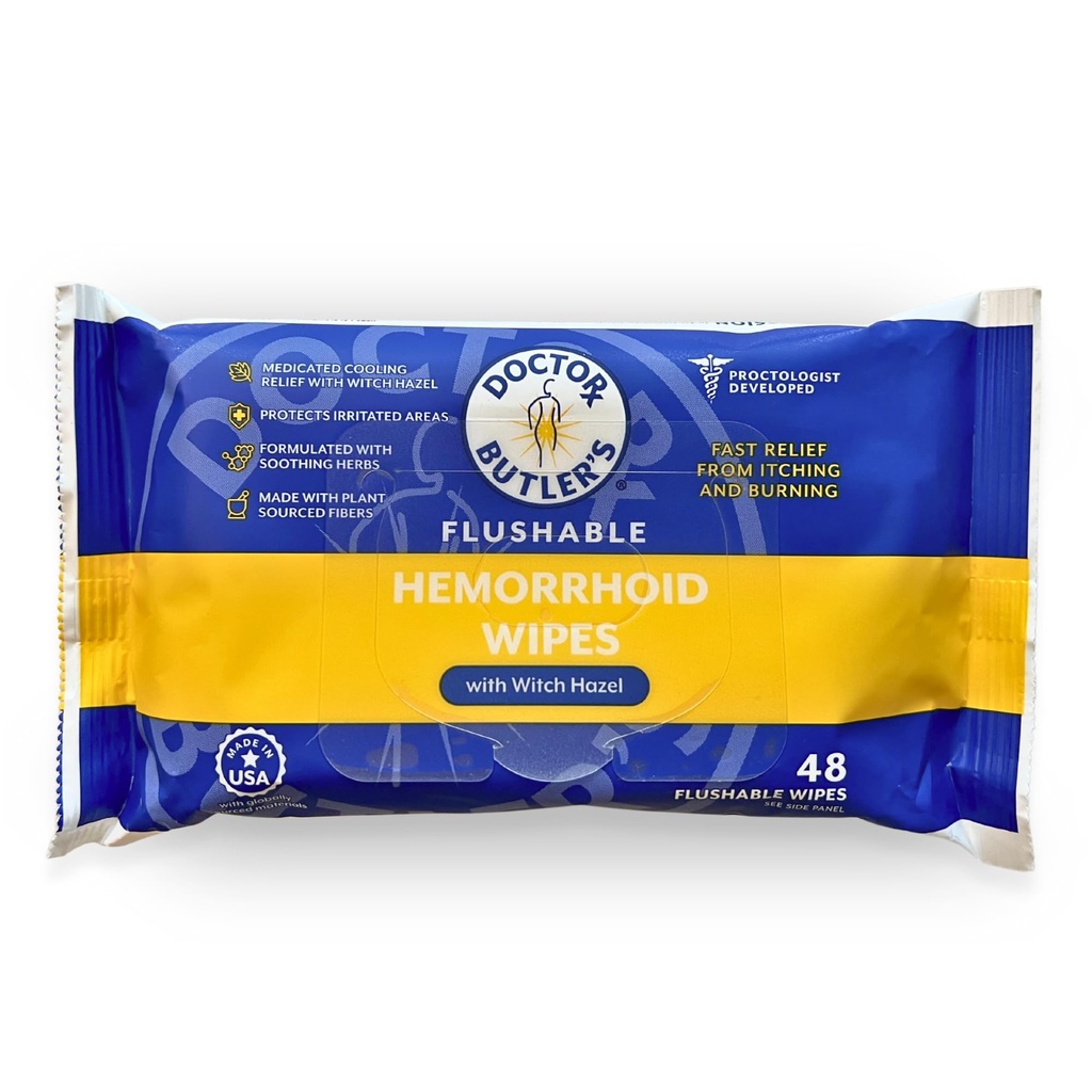 Toalhitas de hemorróidas Flusáveis do Dr. Butler – Toalhitas Flusáveis com Bruxa Hazel para acalmar e trazer alívio do desconforto associado com hemorróidas (48 Toalhitas)