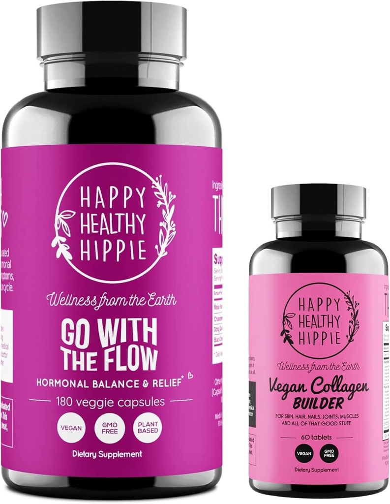 Feliz saudável Hippie Vegan Collagen Builder & Ir com o fluxo equilíbrio hormonal para as mulheres 180 Ct