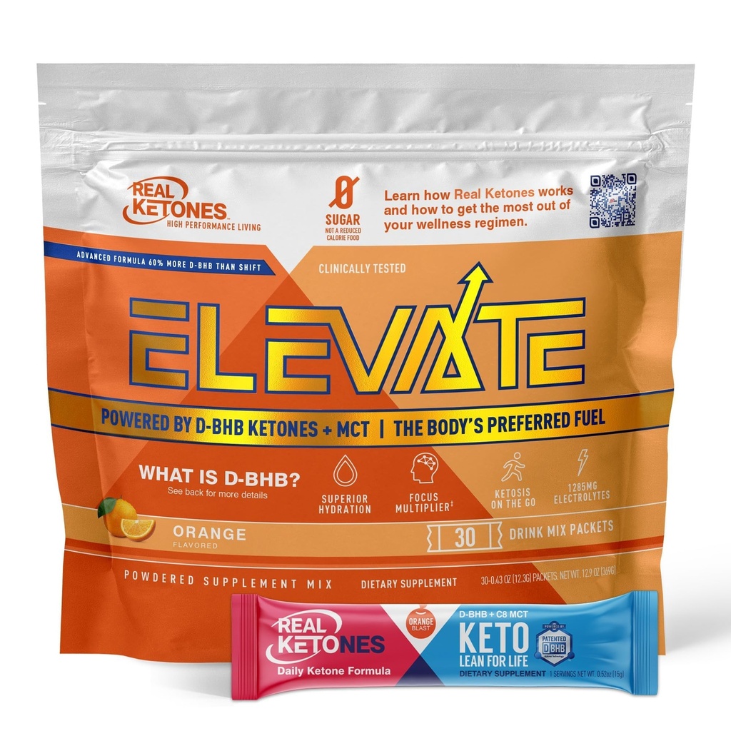 Real Ketones MCT & BHB Exógenos Ketones Bebida Mix Packets Elevate Keto Electrolytes Powder Packets Sem açúcar com 4 Eletrólitos Principais Plus Hydrating Proprietário Keto BHB - 30 Pacote Laranja