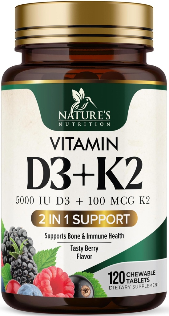 Suplemento de vitamina D3 K2 . 5000 UI D3 + K2 100 mcg .. MK-7 K2 com vitamina D .. Suporta Imune, Coração, Dentes e Saúde Óssea - A natureza é fácil de mastigar, VIT D3 K2, Não-GMO, Saboroso sabor Berry - 120 comprimidos