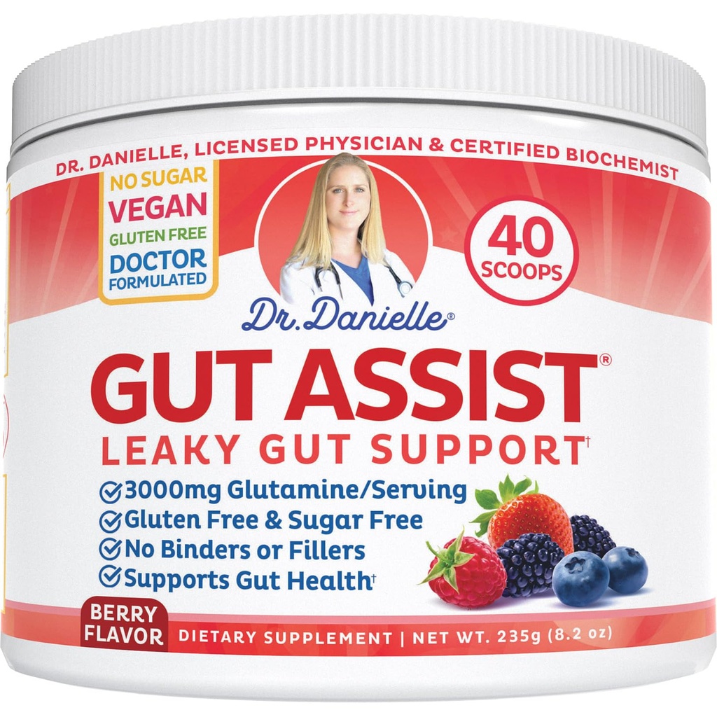 Doctor Danielle Gut Assist - Leaky Gut Repair Supplement Powder - Glutamina, Arabinogalactan, Raiz de Alcaçuz - Suporta IBS, Azia, Bloating, Gás, Obstipação, SIBO de, Berry Flavor