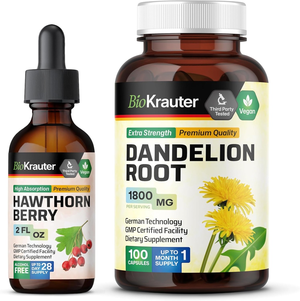 BIO KRAUTER Hawthorn Tintura 2 Fl. Oz. & Dandelion 100 Cápsulas