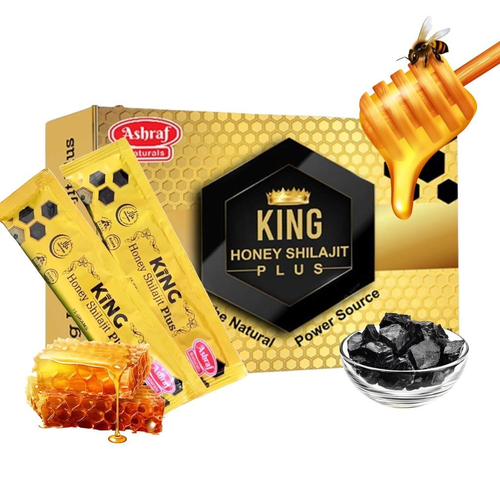 Ashraf Naturals King Honey Shilajit Plus - Mel Premium & Himalayan Shilajit Mistura com extratos de ervas, energia natural e suporte de vitalidade, 15 saquetas x 15g