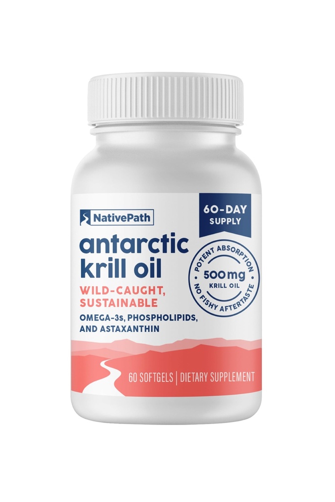 NativePath Antárctico Krill Oil - Wild-Caught Omega 3 Krill Oil 500mg Softgels com EPA, DHA e Astaxantina - Suplemento para Junta, Coração, Cérebro e Imunidade - 60 ct - Sem gosto de peixe