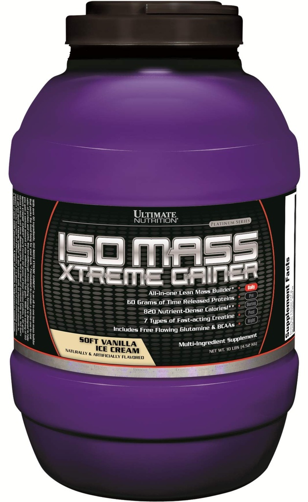 Ultimate Nutrition ISO Mass Xtreme Gainer, Peso Gainer Protein Powder com Creatina, 60 gramas de proteína, Whey Isolate Protein Powder for Lean Muscle Gain, 10 LBS com 30 Servings, Vanilla Ice Cream