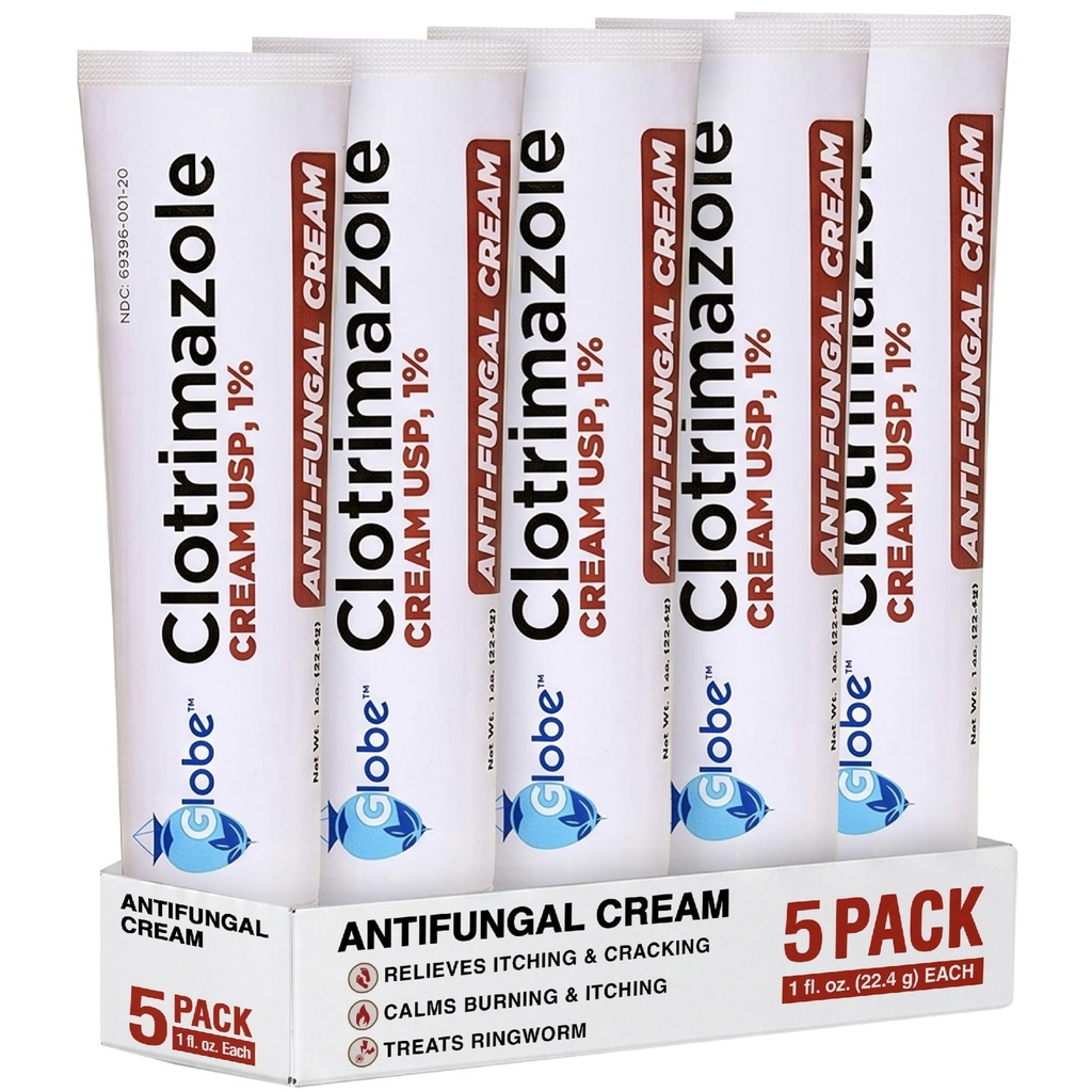 (5 embalagem) Globe Clotrimazol Antifungal Cream 1% (1 oz) Alivia a comichão, ardor, fissuração e descamação associada a infecções fúngicas