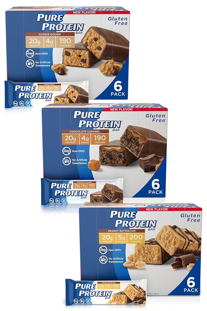 Barras de proteína pura, alta proteína, lanches nutritivos para apoiar a energia, baixo açúcar, sem glúten, pacote de variedades sem culpa (Cookie Dough/Choc Caramel/Peanut Butter Cup), 1,76 oz, pacote de 18