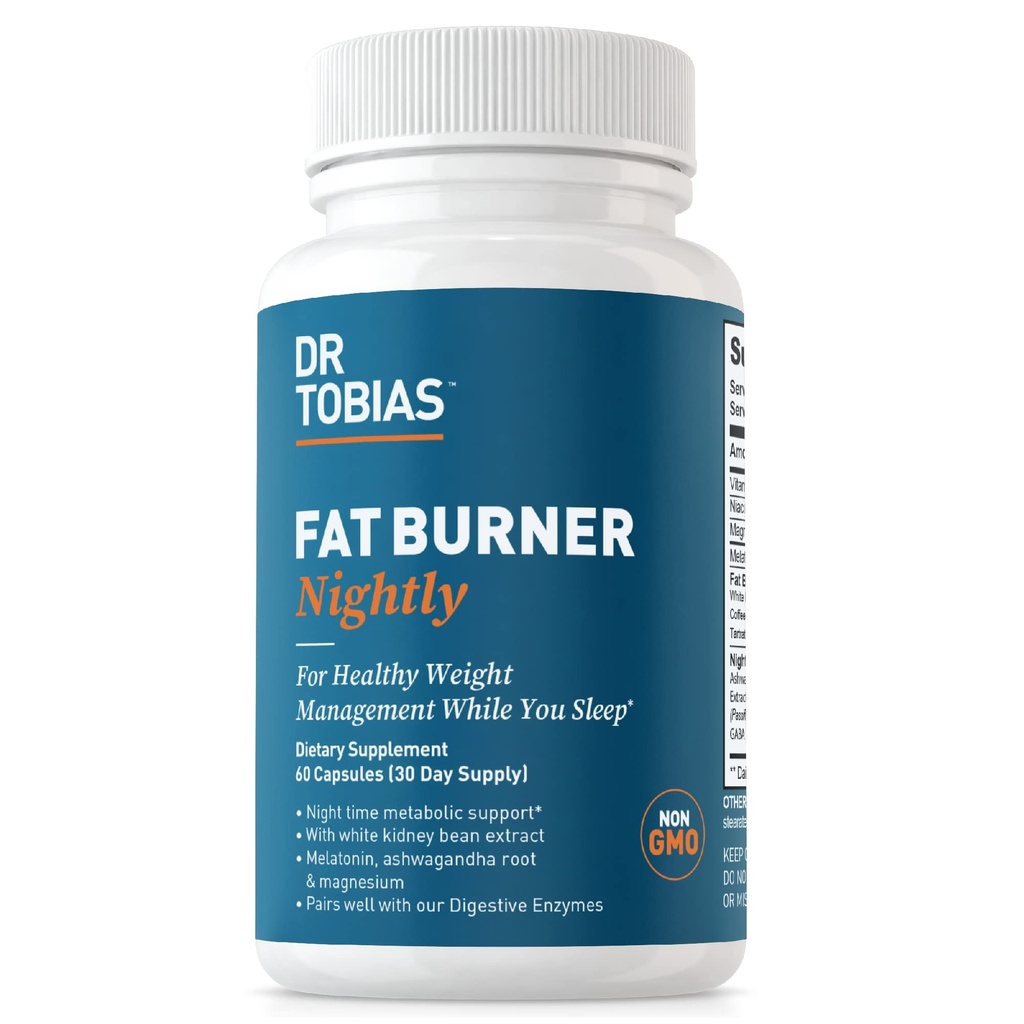 Dr. Tobias Fat Burner Nightly - Tempo noturno Suporte metabólico com extrato de feijão branco do rim, raiz de Ashwagandha, extrato de feijão verde do café e melatonina
