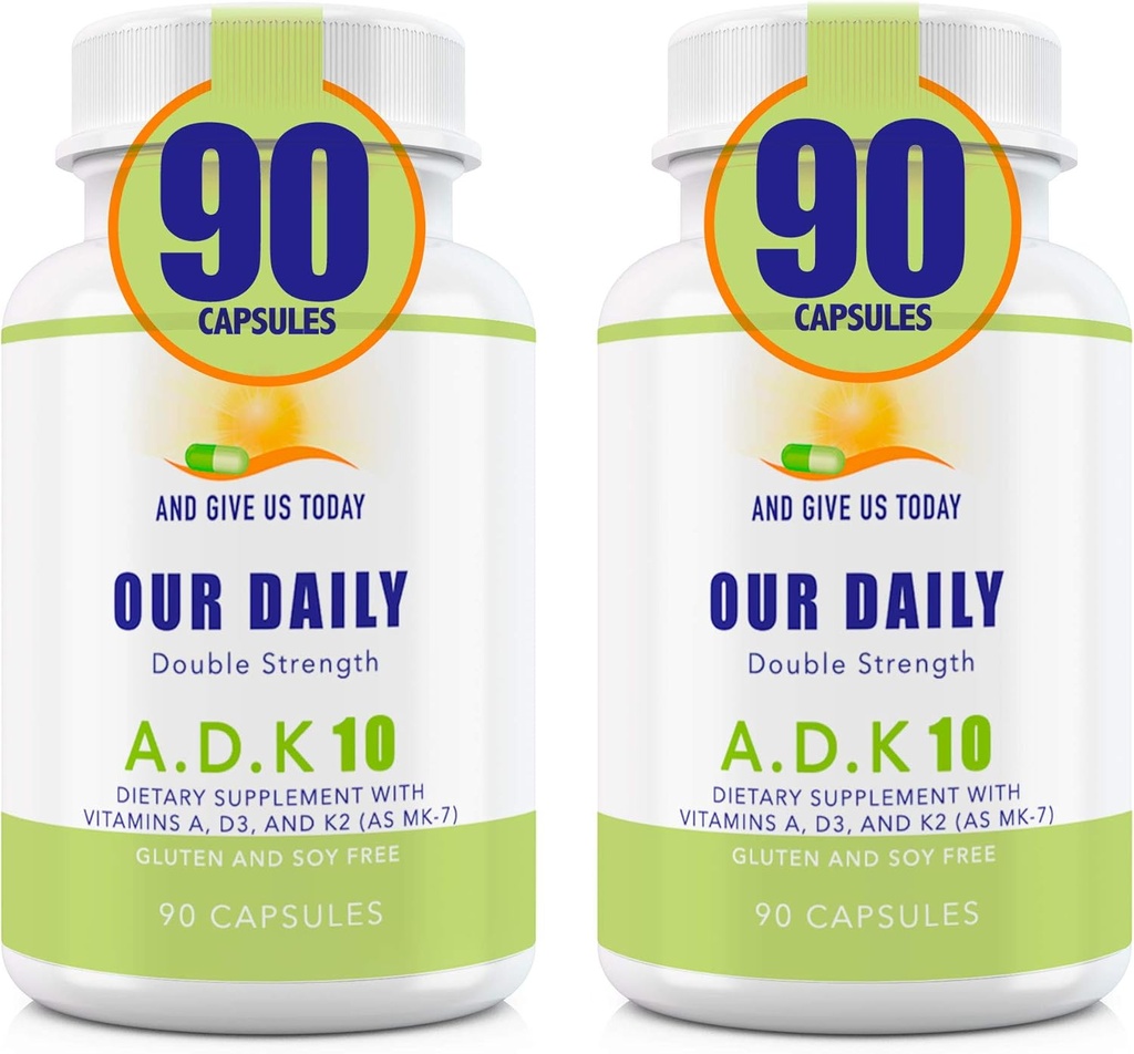 Nossas Vites Diárias ADK 10 dupla força (10,000 iu) Vitaminas A1, D3 & K2 (como MK7) - Médico Formulado osso & sistema imunológico Suporte - Gluten Free, Não OGM - 180 Cápsulas Vegetarianas