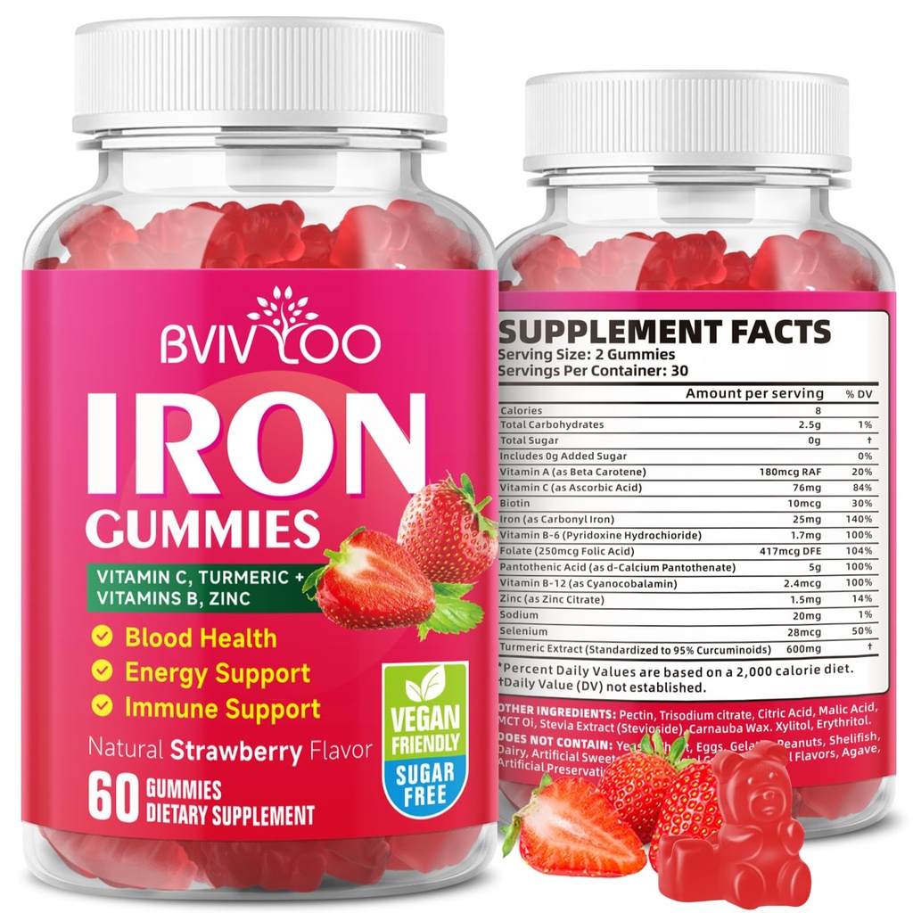 Gummies de ferro Vegan para adultos e crianças - com vitamina C, A, B-Complexo, Folato, Zinco e Biotina - para a construção de sangue e suporte energético, 60 Gummies
