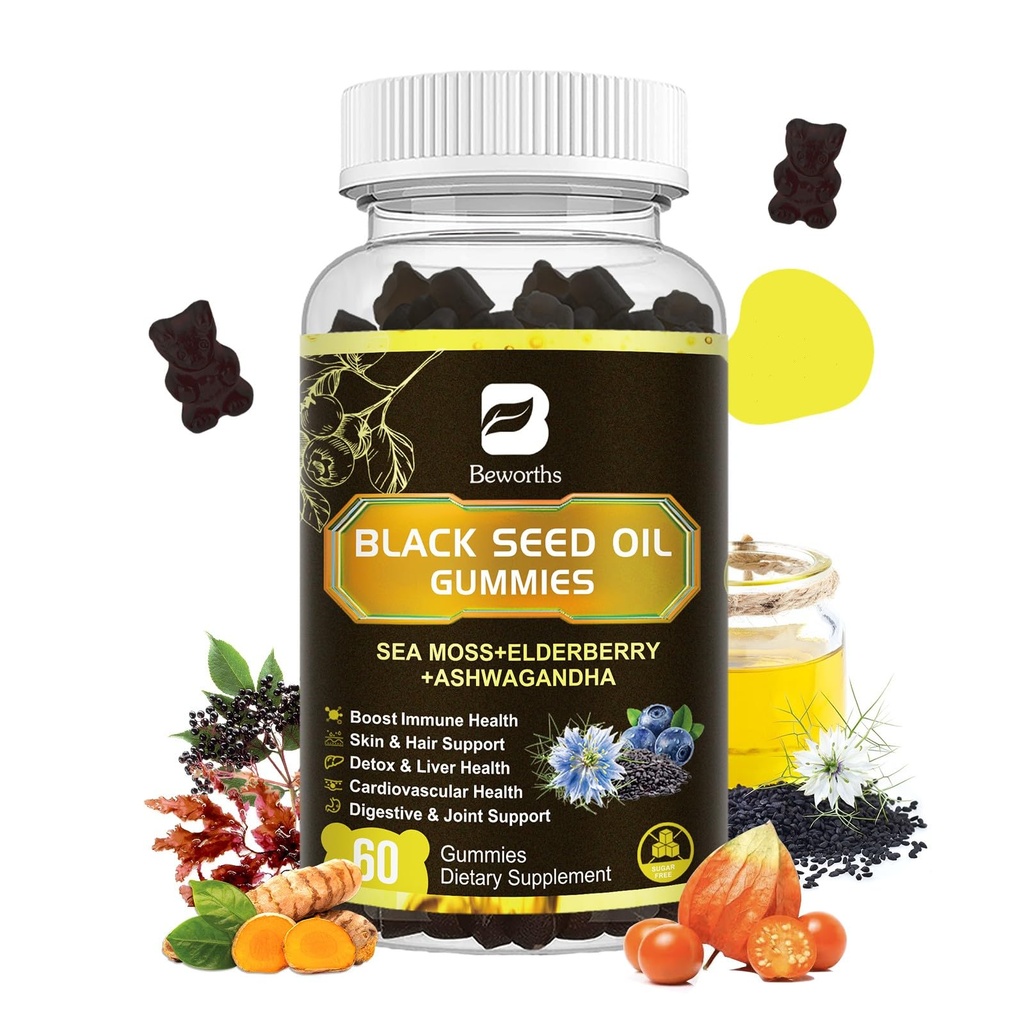 Óleo de semente preta e gomas de musgo do mar do mar Irlandês Gummy com Ashwagandha, óleo de semente preta, Elderberry, açafrão, vitamina D3, C, Zinco - Imunidade de apoio, articulações, digestão, crescimento do cabelo - 60
