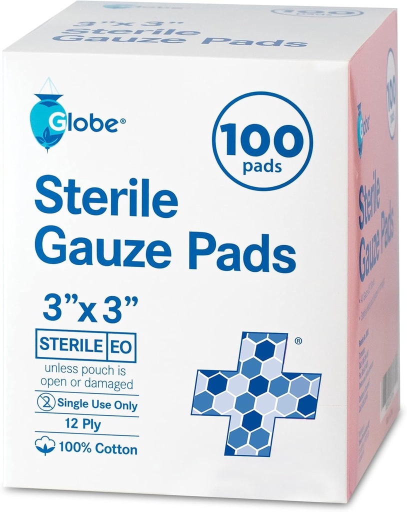 Globe 3'' x 3'' Advanced Gauze Pads, 100-Pack Embalagem individual - 12-Ply algodão para curativos de cuidados de feridas, Bandagens altamente absorvíveis para uso em casa e emergência - Travel & First Aid Kit Essential