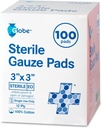 Globe 3'' x 3'' Advanced Gauze Pads, 100-Pack Embalagem individual - 12-Ply algodão para curativos de cuidados de feridas, Bandagens altamente absorvíveis para uso em casa e emergência - Travel & First Aid Kit Essential