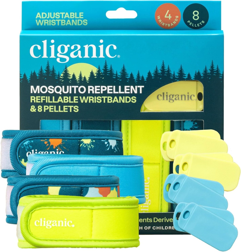 Pacote Repelente de Mosquito Cliganic (4 pulseiras + 8 refil Pellets) - ajustável, sem DEET natural, óleo essencial infundido
