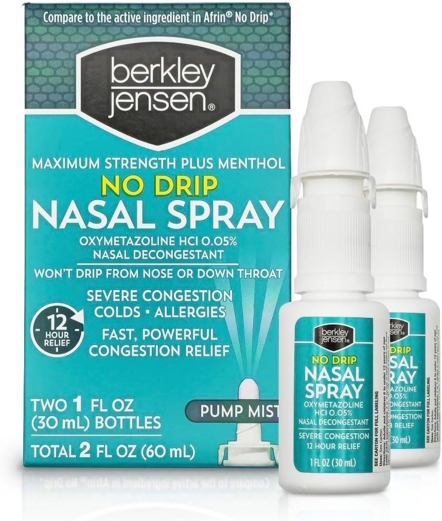 Berkley jensen No Drip Severe Congestion Nasal Spray - Descongestionante de força máxima com HCl & Menthol Oximetazolina - Aplicador de umidade da bomba, Sem esteróide, alívio de 12 horas, 1 onça de fluido (Pacote de 2)