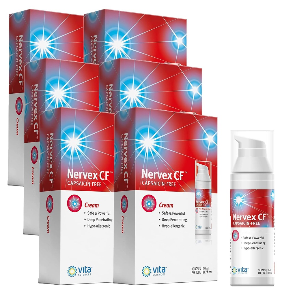 Vita Sciences Nervex CF Neuropatia Alívio para Mãos e Pés - Fórmula Creme Poderoso para Queimadura, Amarroço, Dormência - com Arnica, B12, B1, B5, B6, E, HSH, Aloe, e Base de Óleo de Coco - pacote de 6