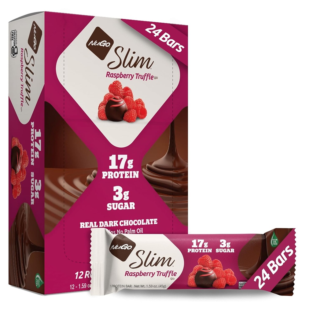 NuGo Slim chocolate escuro framboesa trufa, 17g de proteína, 2g de açúcar, fibra de 7g, baixo carboidrato líquido, Keto amigável, sem glúten, 24 contagem