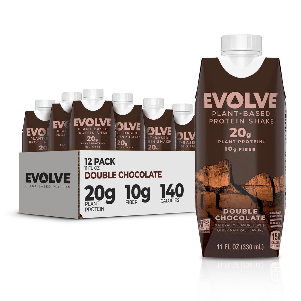 Evoluir Shake de proteína baseada em plantas, Chocolate duplo, 20g de proteína Vegan, Dairy Free, Sem adoçantes artificiais, Não-GMO, 10g de fibra, 11 Fl Oz (Pacote de 12) - (Formula Maio Vary)