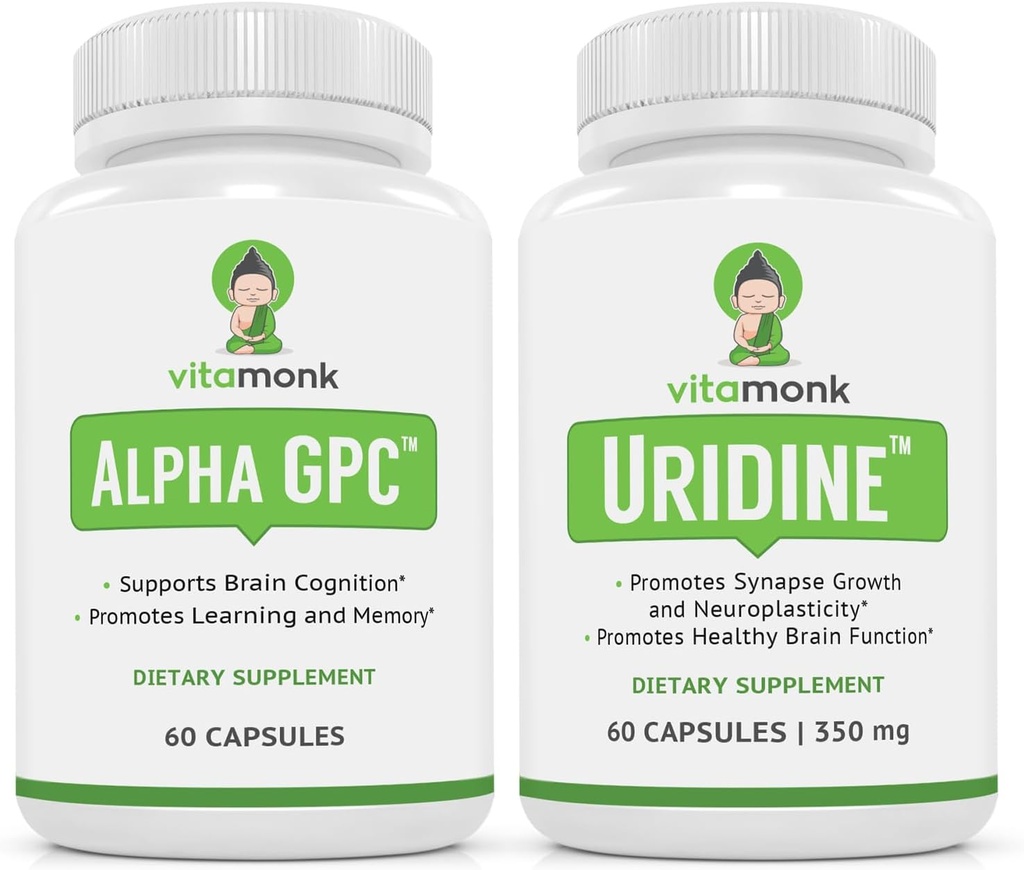 VitaMonk Alpha GPC e Uridina Stack - Mr Happy Stack - Uridina Monofosfato sem Enchimentos Artificiais - Suplementos de Colina Biodisponível Promovam Cognição, Foco, Clareza Mental