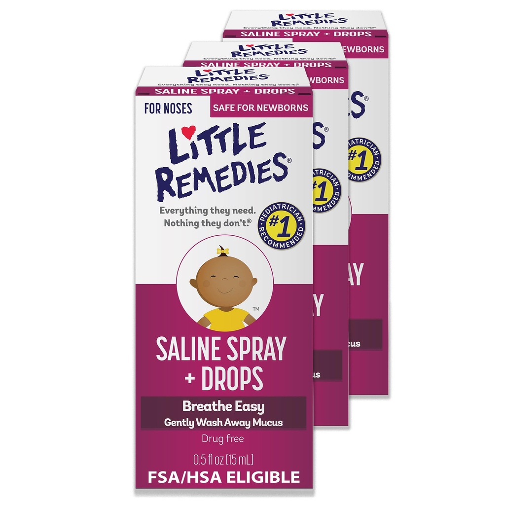 Poucos remédios estéril bebê salino nasal spray e gotas, seguro para recém-nascidos para aliviar recheados e seco narizes, 0,5 Fl Oz, pacote de 3