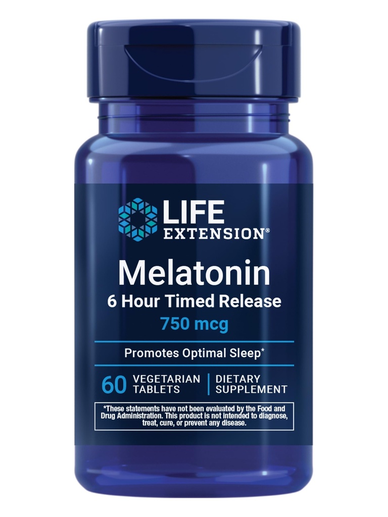 Extensão de vida Melatonina 6 horas de liberação cronometrada, 750 mcg, fórmula de liberação estendida para suporte suave ao sono, ritmos circadianos saudáveis, defesa celular, sem glúten, não-GMO, vegetariano, 60 comprimidos