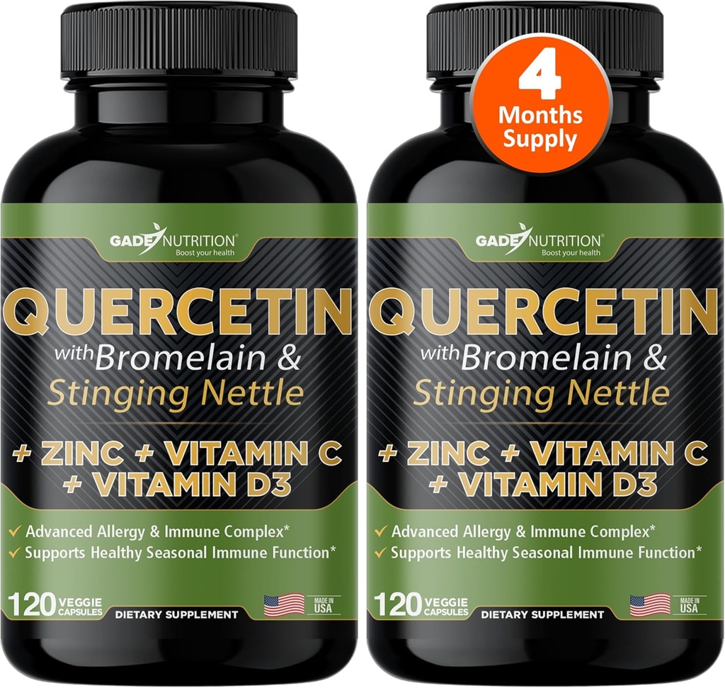 Gade Nutrition Quercetin with Vitamina C and Zinc - Nettle Quercetin - Quercetin 500mg - Quercetin with Bromelain - Zinc Quercetin + Vitamina D3-240 Veggie Caps - Não-GMO - Fornecimento de 4 meses