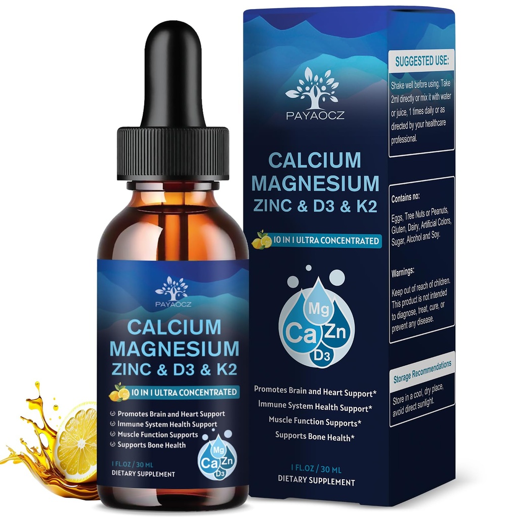 (2 Pack) 10 em 1 Magnésio cálcio Zinco Suplemento com vitamina C D3 K2, Glycinate Mag Vegan Liquid Drops Plus L-Theanina Boron Sea Moss Extract, Suporte imunológico, osso, sono & Cães perna, 1 Fl Oz