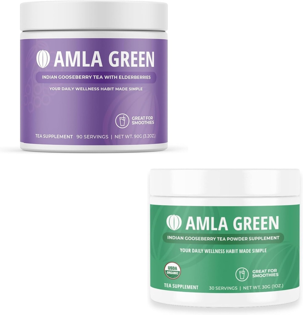Amla Powder & Green Chá Suplemento Superalimentar, Apoio Antioxidante, Made with Elderberries (90 Servings) & Indian Gooseberries (30 Servings), Orgânico, Vegan