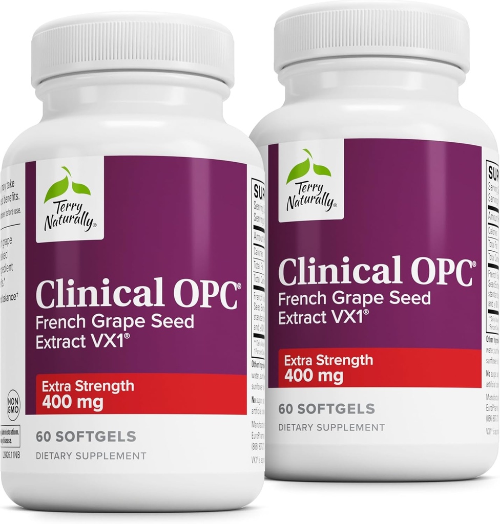 Terry Naturalmente Clinical OPC Força Extra - Saúde Cardiovascular e Apoio Focal - Suplemento com Extrato de Sementes de Uva - Suplemento de Suporte Imune - 60 Softgels (Pacote de 2)