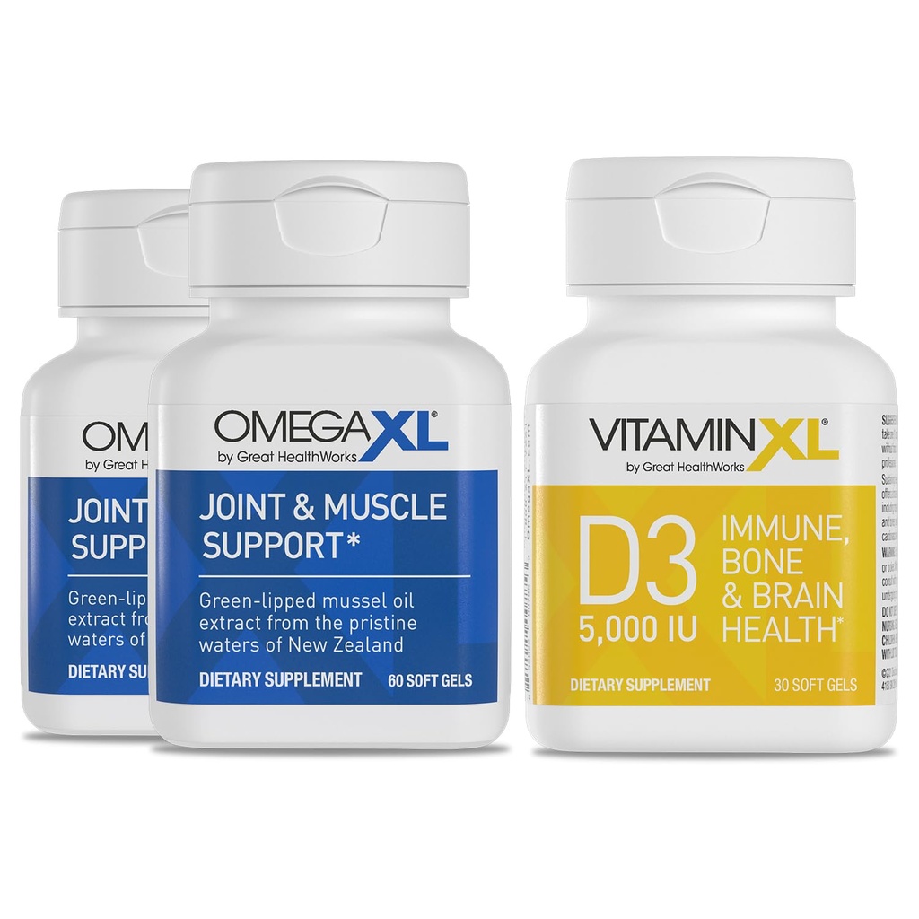 Suporte Conjunto OmegaXL - Suporte Músculo Natural / Imune, 60 Softgels (2 Pack) e VitaminaXL D3 de alta potência Vitamina D 5000 UI 125mcg Suplemento (30 Softgels)
