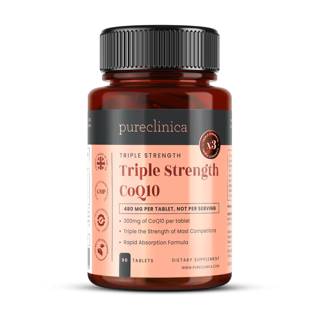Pureclinica Fermented CoQ10 300mg x 90 Comprimidos. Não OGM, USP Grade. com Adicionado Vitamina C e Extrato de Pimenta Negra para Absorção.