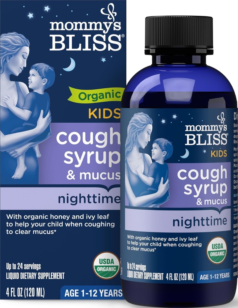 Crianças Biss orgânicas da mamãe tosse xarup & alívio de muco para o tempo da noite, Agave & mel, Ivy Leaf, Zinco, Vitamina C, +Herbal Nighttime Blend, 4 Fl z