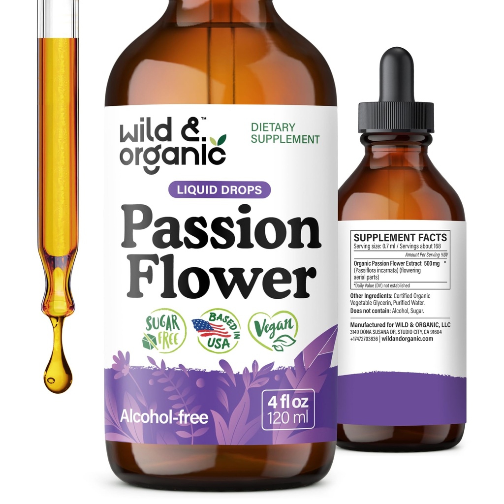 Wild & Organic Passion Flower Tintura - Apoio ao humor - Suplemento de paixão calmante - Passiflora Incarnata Liquid Extract - Vegan, Sugar & Alcohol-Free Herb Drops - 4 fl oz