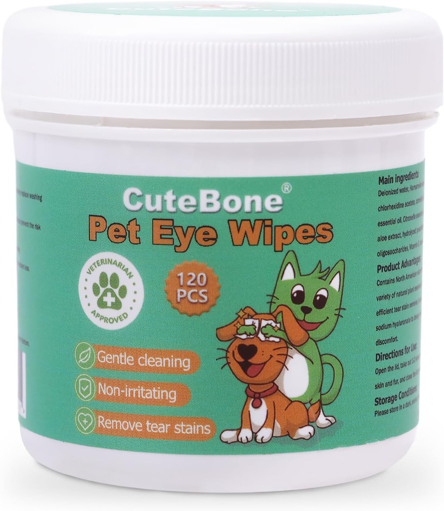 CuteBone Pet Eye Wipes 120 Count - Gentil e calmante limpeza de olhos limpa para cães e gatos, remove sujeira, manchas lacrimais e debris, evita infecções oculares, ingredientes naturais, seguro e fácil de usar