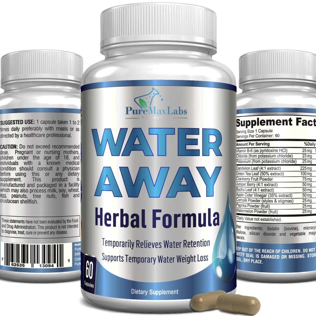 Água Away gentil Herbal Diurético - pílulas de água diurética natural - aliviar o inchaço, reduzir o excesso de peso da água com folha de dente-de-leão, chá verde, detox Cleanse e saúde urinária. Não- OGM, 60 Cápsulas