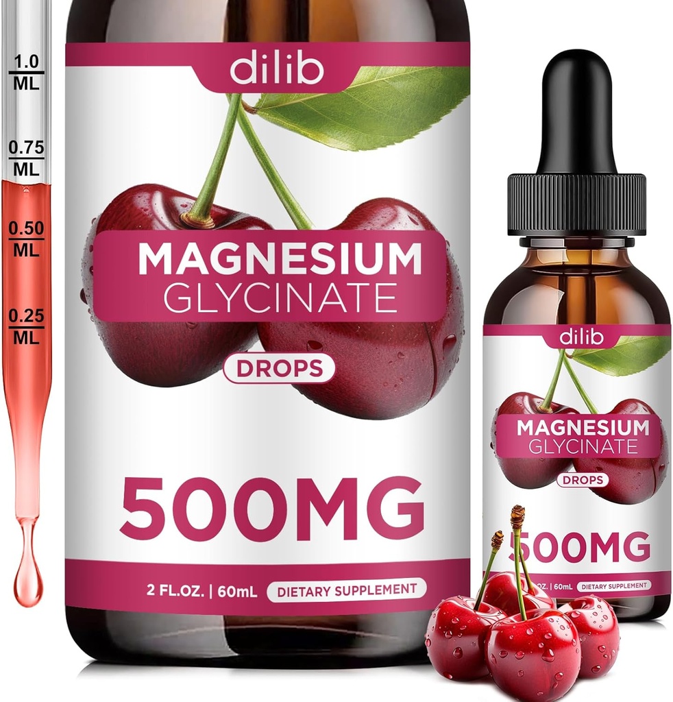 Suplemento de glicinato de magnésio, gotas líquidas de glicinato de magnésio 500mg com cálcio, zinco, vitamina B6, D3, L-teanina, Omega 3 para sono, humor, alívio de estresse, osso, músculo, sabor cereja