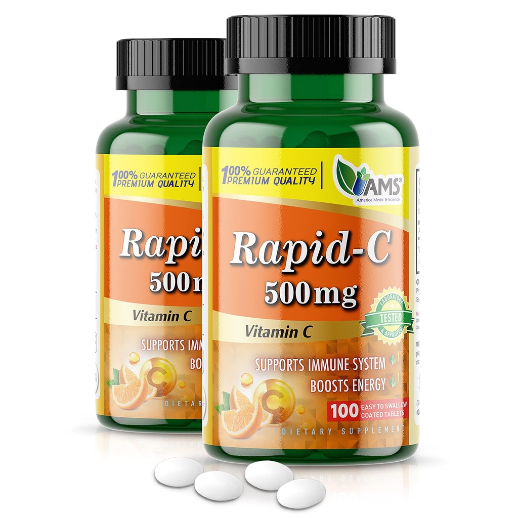 América Medic & Science Rapid-C 500mg Suplemento de vitamina C (2 pacote de 100 comprimidos) Booster de energia, suporte diário do sistema imunológico, antioxidante Vegan, ácido ascórbico não-GMO revestido para homens adultos e mulheres